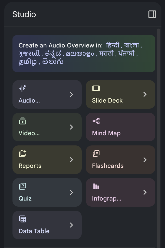 NotebookLM&rsquo;s output formats — Audio Overview, Slide Deck, Video, Mind Map, Reports, Flashcards, Quiz, Infographic, Data Table