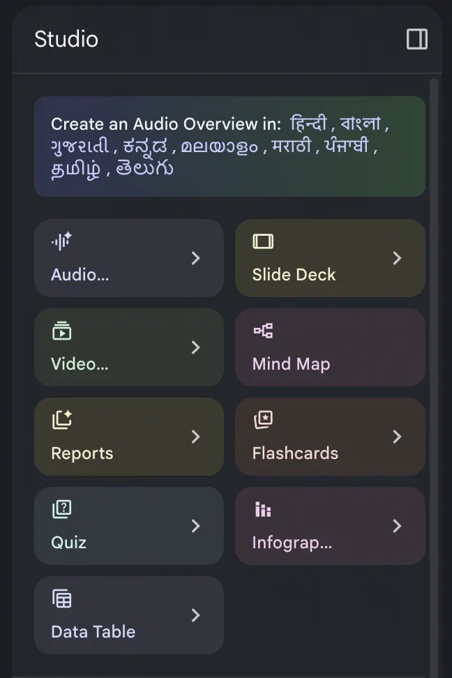 NotebookLM’s output formats — Audio Overview, Slide Deck, Video, Mind Map, Reports, Flashcards, Quiz, Infographic, Data Table