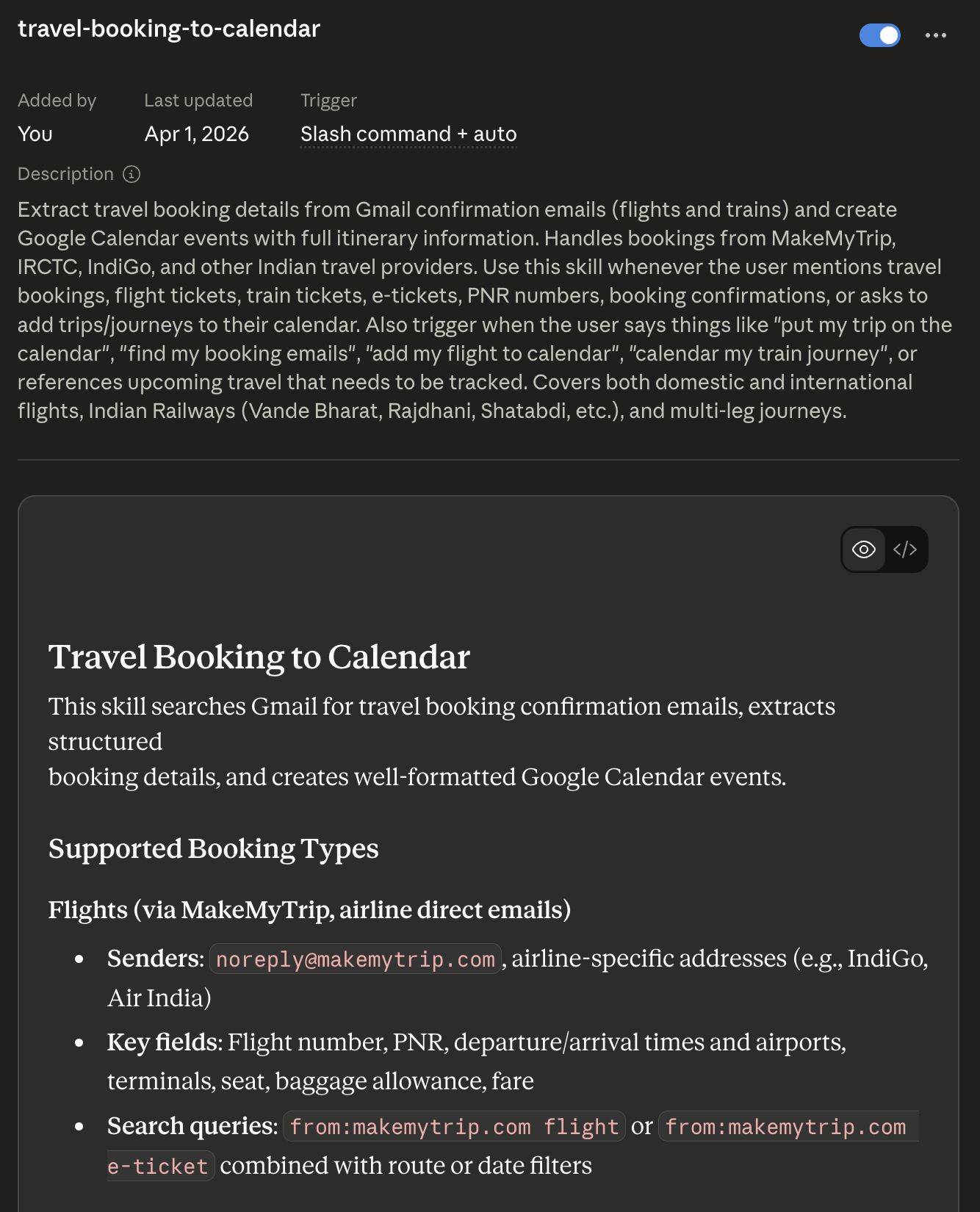 The travel-booking-to-calendar Skill — parses Gmail confirmations from MakeMyTrip, IRCTC, IndiGo, and other Indian travel providers, and creates Calendar events with the full itinerary