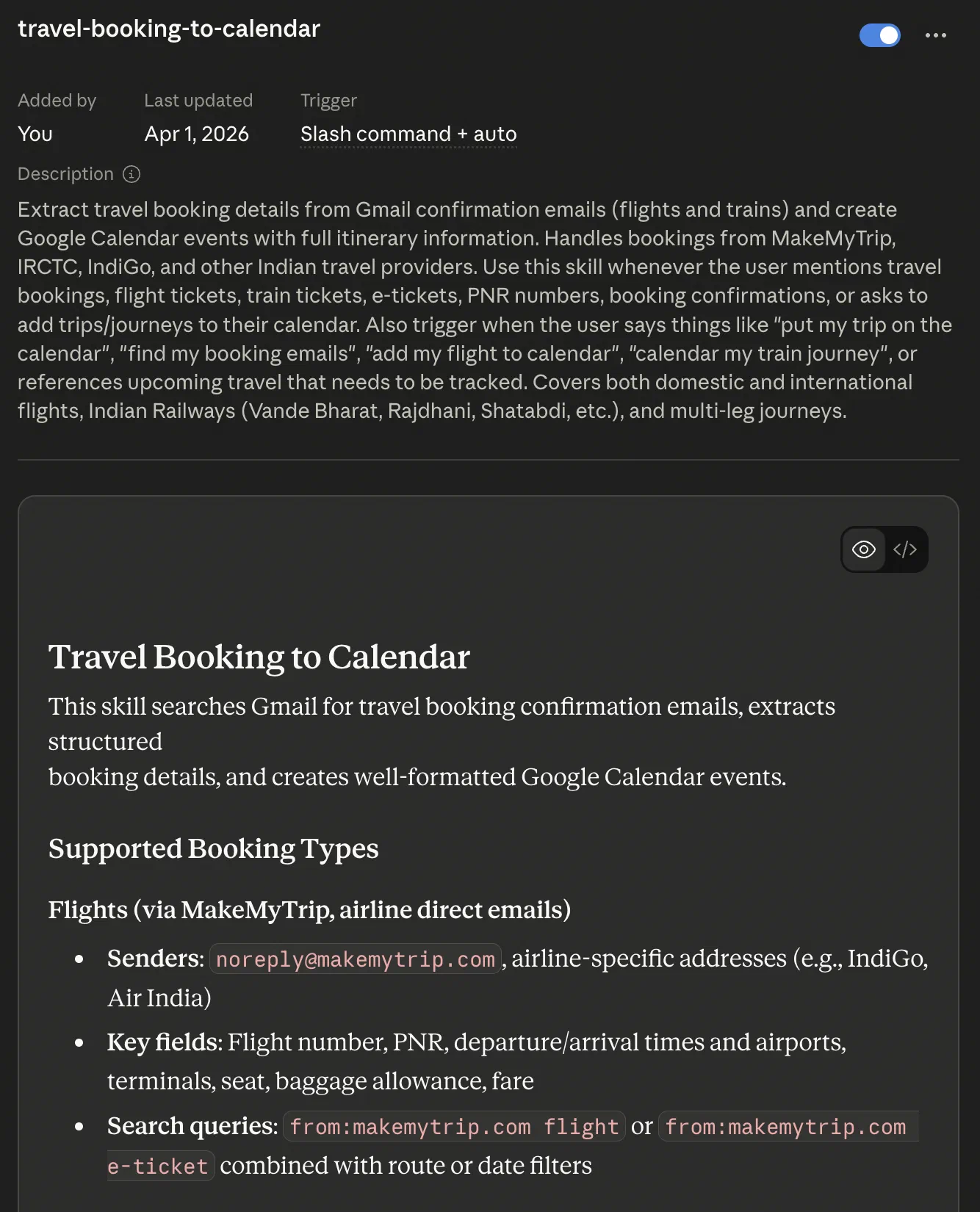 The travel-booking-to-calendar Skill — parses Gmail confirmations from MakeMyTrip, IRCTC, IndiGo, and other Indian travel providers, and creates Calendar events with the full itinerary
