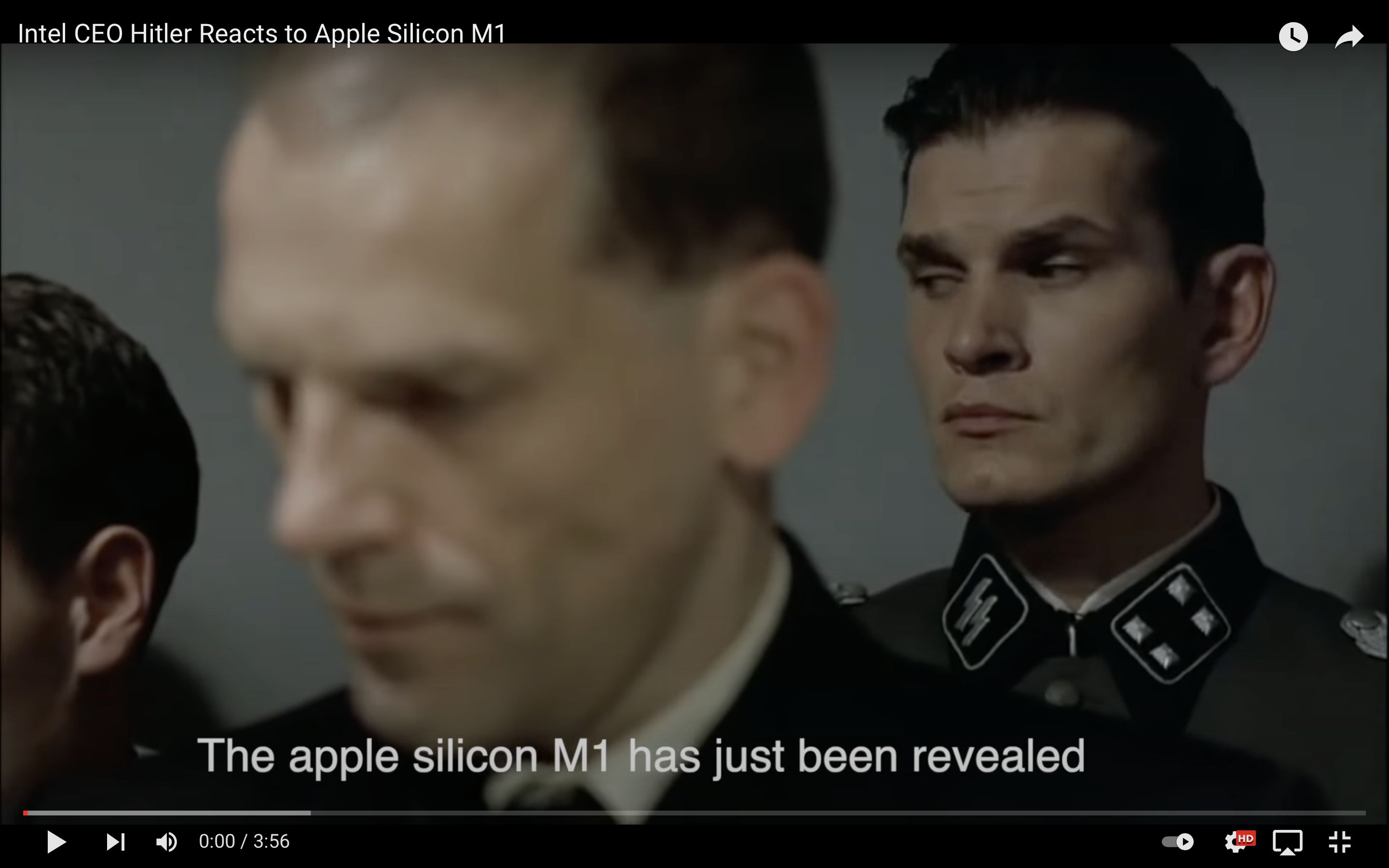 Parody of Intel CEO Hitler reacts to Apple Silicon M1 launch by Zeeshan Ali Zeeshan Ali. Youtube.