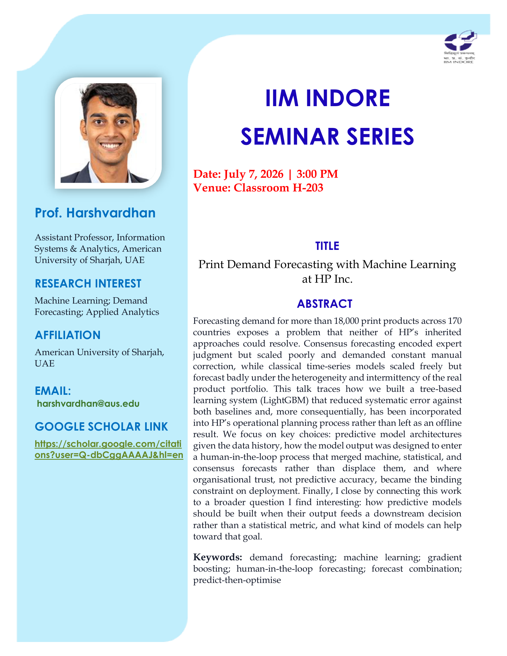 Poster for the IIM Indore Seminar Series talk