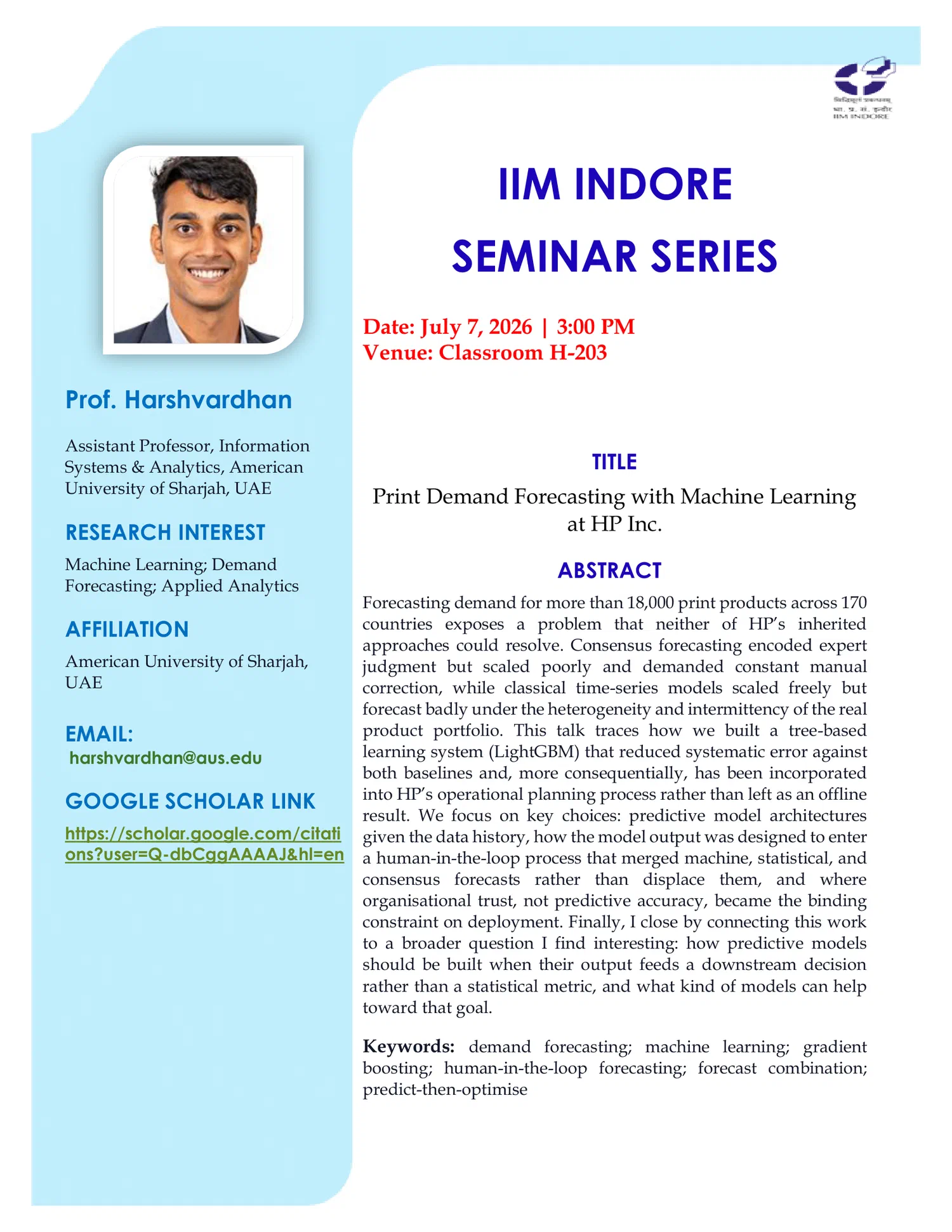 Poster for the IIM Indore Seminar Series talk