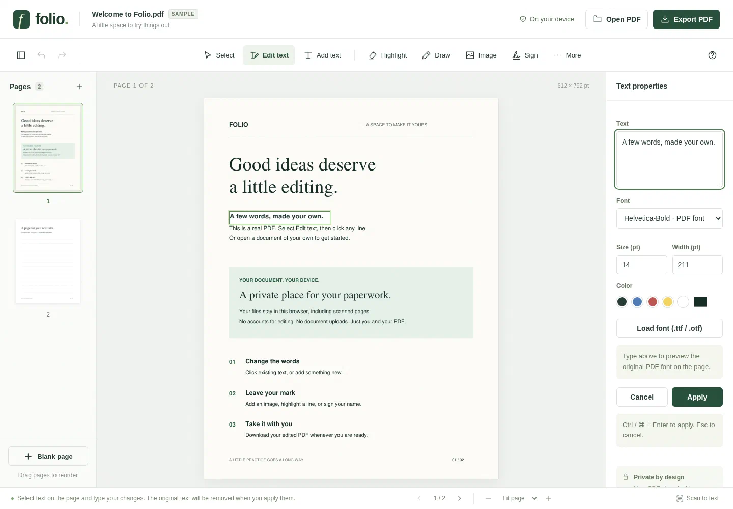 Editing a sentence with the PDF’s original font and color, with a live preview on the page.