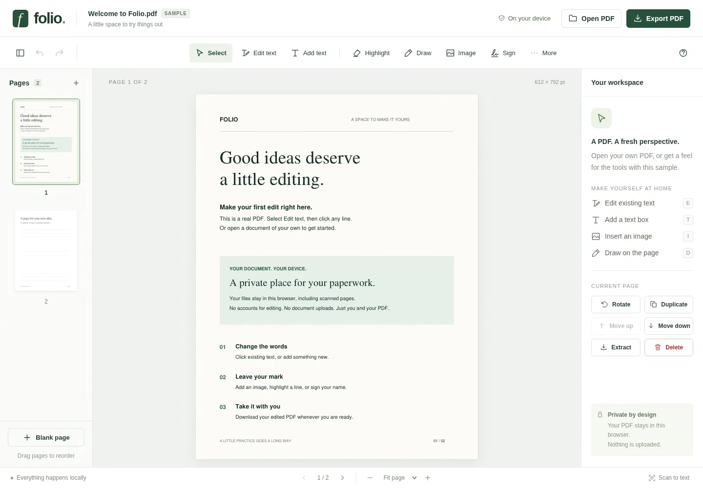The PDF editor workspace, with page thumbnails, editing tools, and a sample document.