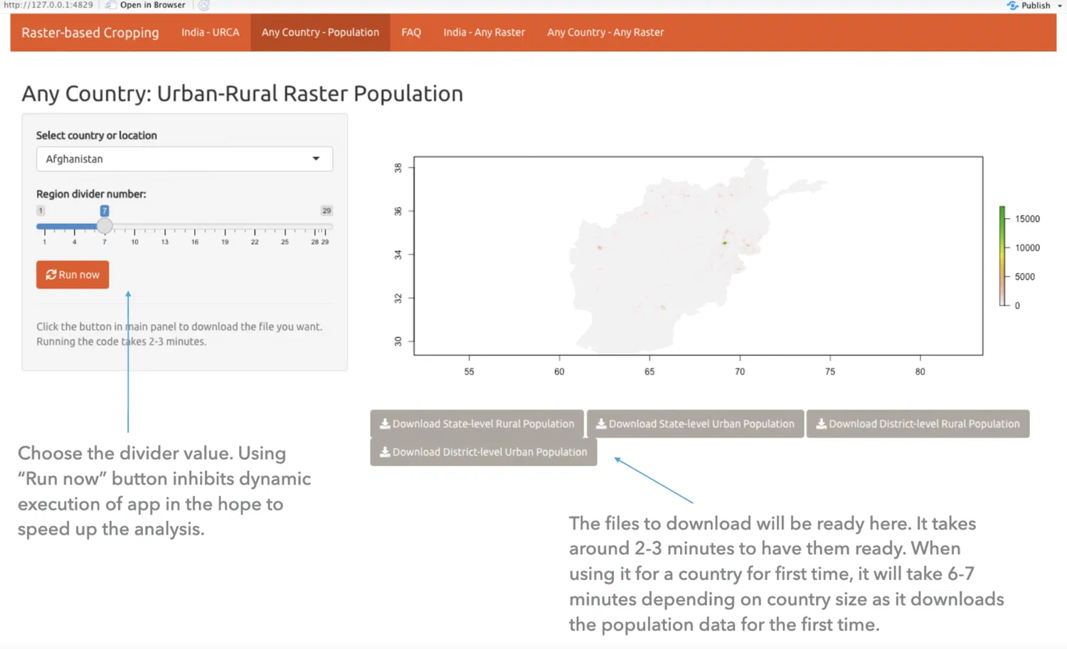 Screenshot of the web app You have to choose the country and then the divider value. 29 would be most detailed (till a plot) and 1 would be most aggregated (for a country).